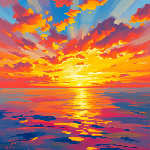 vibrant hues, breathtaking horizon, Claude Monet-inspired, impressionistic brushstrokes, golden light, serene landscape, warm color palette, expansive sky, tranquil waters, reflections, twilight ambiance, ethereal clouds, luminous glow, dynamic composition, radiant energy, soft gradients, harmonious balance, atmospheric depth, nature's beauty, meditative mood, expansive perspective, gentle textures, fleeting moments, serene calmness, poetic expression