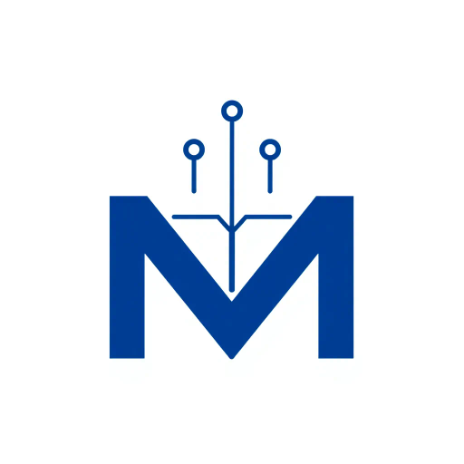 minimalist, bold, letter M, logo design, solid geometric shapes, V-shaped connectors, branching lines, hierarchy symbolism, indigo blue color palette, flat vector style, clean composition, modern SaaS branding, software aesthetics, white background, high-tech elegance, contemporary design, clarity, sleek presentation, geometric precision, corporate identity, monochromatic balance, visual hierarchy