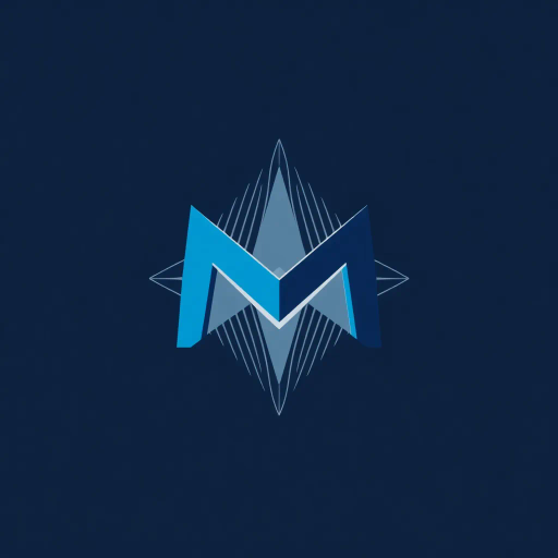 minimal M logo, perspective convergence, depth, hierarchy, solid indigo blue, geometric, modern tech design, flat vector, white background, Bauhaus influences, clean lines, symmetry, contemporary aesthetics, spatial innovation, futurism, precision, abstraction, innovative branding, structural elegance