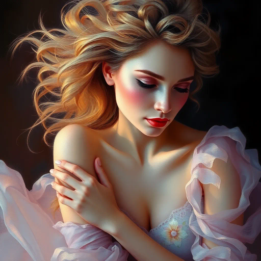 elegant femmes, graceful posture, intricate fashion, ethereal beauty, soft lighting, romantic era, impressionistic brushstrokes, pastel hues, delicate textures, feminine elegance, serene expressions, renaissance influences, flowing fabrics, atmospheric composition, refined aesthetics, timeless allure, enchanting aura, subtle movement, classical themes, Claude Monet, Edgar Degas, Raphael, chiaroscuro, delicate pastels, harmonious balance, historical richness, fine detail, luminous glow, cultural grace, narrative depth, portraiture, emotive grace, evocative ambiance