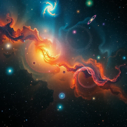 cosmic expanse, starry void, celestial bodies, nebula clouds, Vincent van Gogh influence, Hubble telescope imagery, luminescent galaxies, swirling energies, ethereal light, astral phenomena, infinite universe, Carl Sagan inspiration, dreamy stardust, vibrant cosmic palette, kaleidoscope of colors, surrealistic dreamscape, chiaroscuro lighting, cosmic wonder, interstellar exploration, radiant bursts, space-time continuum, cosmic tranquility, expansive horizons, visionary science fiction, celestial patterns, mysterious depths, cosmic harmony, stellar artistry, deep space mystery, futuristic elegance, awe-inspiring vision, cosmic perspective, endless vastness, universe exploration, vibrant colors, star clusters, cosmic dust