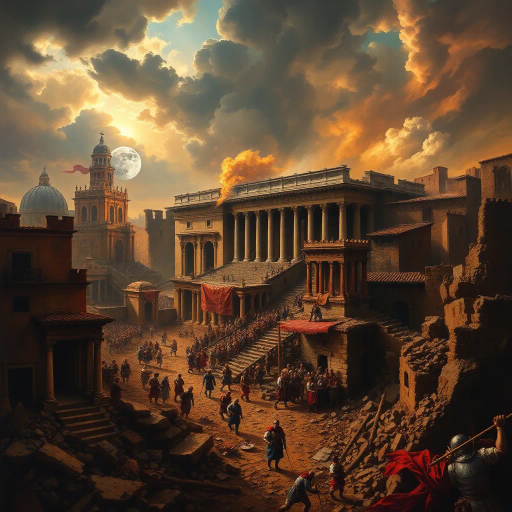 historical devastation, Alaric the Visigoth, ancient ruins, classical architecture, fiery inferno, chaos and turmoil, gothic shadows, sacking and looting, eternal city, Roman Empire, invasion, dramatic conflict, tumultuous skies, Rembrandt lighting, powerful emotions, ancient warfare, Caravaggio-inspired, chiaroscuro, symbolic destruction, fallen civilization, rich textures, monochromatic palette, intense drama, baroque influences, historical narrative, perspective of awe, melancholic atmosphere