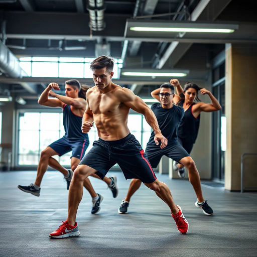 dynamic movement, athletic figures, strong composition, vibrant colors, dynamic lighting, energy, urban setting, modern architecture, fitness, strength, determination, high contrast, contemporary style, photorealism, influential artists, sportswear fashion, active lifestyle, human anatomy, dramatic poses, expression of motion, healthy living, gym equipment, industrial textures, motivational atmosphere, bold lines, energetic vibe