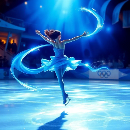 olympic figure skating, ethereal movement, dynamic motion, luminous blue, elegant choreography, azure hues, shimmering lights, impressionist glow, spectators in awe, graceful rotations, fluid lines, kinetic energy, atmospheric lighting, crystalline textures, contemporary art, artistic swirls, capturing momentum, visual rhythm, energetic ambiance, vibrant contrast, sense of balance, dramatic flair, impression of unity, reflective surface, vivid spectacle, artistic interpretation, cultural celebration