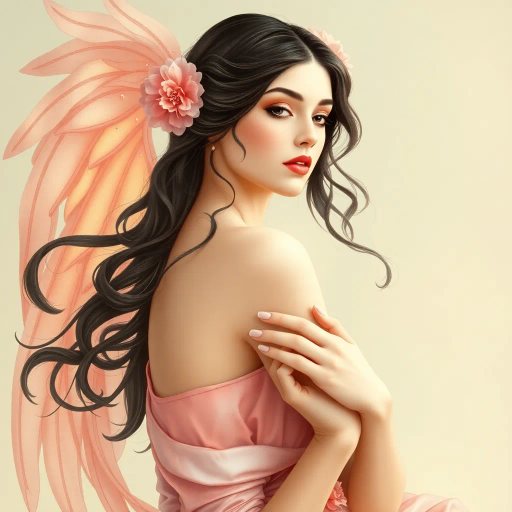 ethereal feminine figure, inspired by Alphonse Mucha, art nouveau elegance, flowing lines, gentle curves, pastel tones, soft lighting, delicate textures, serene expression, grace and poise, mythical allure, elegant composition, harmonious balance, captivating beauty, dreamlike ambiance, timeless elegance, detailed ornamentation, subtle symbolism, classical influences, refined artistry