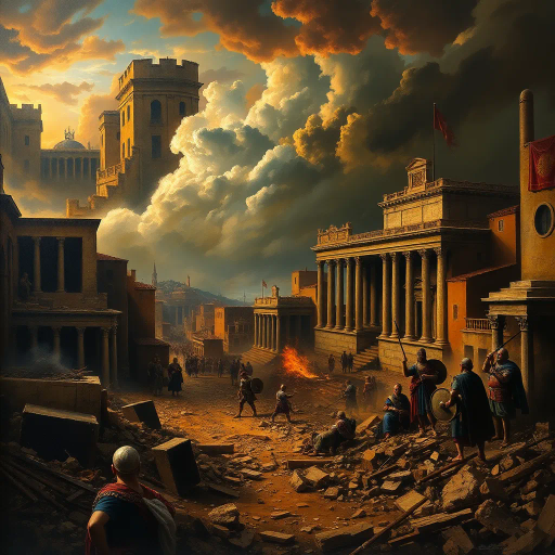 historical devastation, Alaric the Visigoth, ancient ruins, classical architecture, fiery inferno, chaos and turmoil, gothic shadows, sacking and looting, eternal city, Roman Empire, invasion, dramatic conflict, tumultuous skies, Rembrandt lighting, powerful emotions, ancient warfare, Caravaggio-inspired, chiaroscuro, symbolic destruction, fallen civilization, rich textures, monochromatic palette, intense drama, baroque influences, historical narrative, perspective of awe, melancholic atmosphere