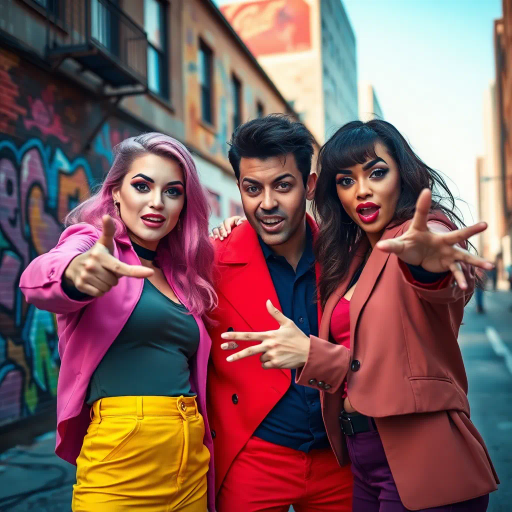 sassy interaction, dynamic poses, vibrant colors, contemporary fashion, expressive faces, high contrast lighting, urban background, playful sarcasm, street art influence, bold lines, vibrant urban culture, pop art tones, modern aesthetic, energetic composition, humor and wit, exaggerated expressions, bold and daring, street photography inspiration