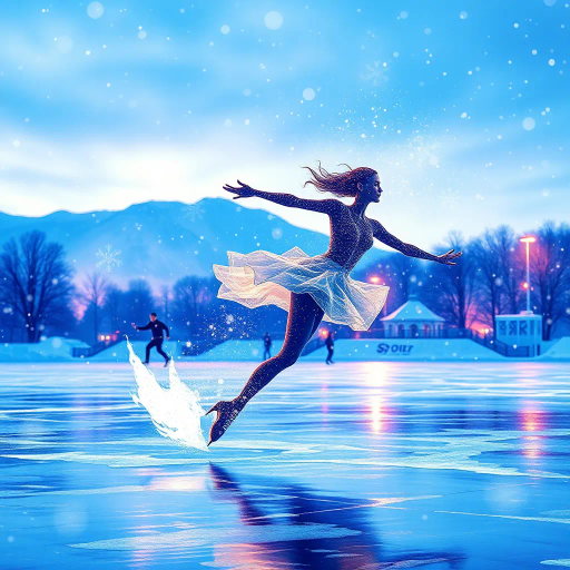winter landscape, graceful skater, Olympic competition, dynamic motion, surreal elegance, glistening ice, dramatic lighting, vibrant colors, fluid movement, delicate balance, modern artistry, celebratory atmosphere, sportsmanship, international influence, precise technique, Alexander Calder inspiration, futuristic design, cold palette, geometric patterns, sweeping lines, epic scale, abstract realism, vivid textures, harmonious composition
