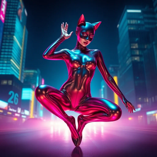 sleek catsuit design, high fashion, futuristic elements, vibrant neon lighting, dynamic pose, bold composition, metallic textures, sci-fi influence, Joan Miró inspiration, night cityscape, cyberpunk aesthetics, mysterious mood, playful elegance, abstract forms, intricate detailing, avant-garde style, fluid movements, bold color contrasts, surreal presentation, depth and layering, unconventional materials, reflections and shadows, elegant silhouette, imaginative realm, Salvador Dali, dreamlike atmosphere, geometric precision, fluid dynamics, visual storytelling, abstract surrealism, enigmatic expressions, ethereal glow, kaleidoscopic patterns, reflective surfaces, overlapping dimensions, contrasting hues, multidimensional perspective, spatial depth, imaginative narrative