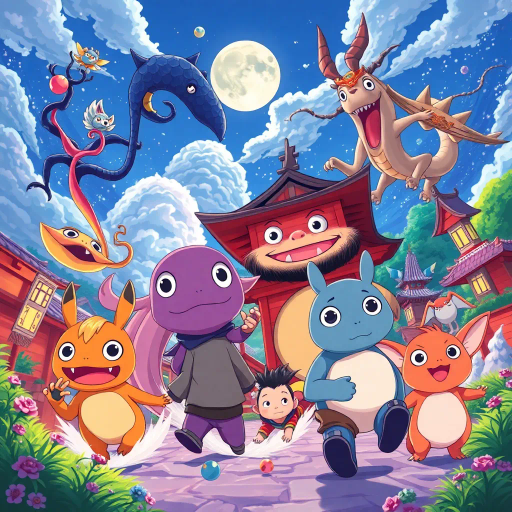 vibrant colors, dynamic composition, Studio Ghibli inspiration, detailed environments, expressive character designs, emotional depth, fantastical themes, cultural motifs, fluid motion, nostalgic atmosphere, distinctive line art, otherworldly settings, intricate detailing, magical realism, retro-futuristic elements, storytelling focus, character-driven narrative, visual storytelling, imaginative landscapes, enchanting creatures