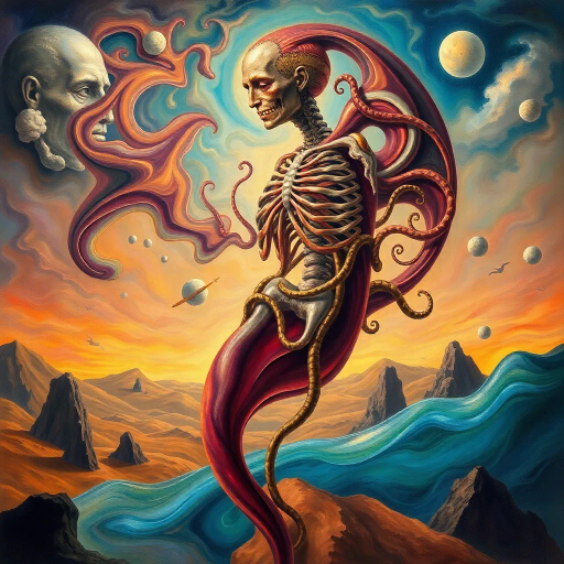 surreal exploration, anatomical abstraction, Salvador Dali, organic forms, intricate curves, fluid movement, dreamlike landscape, vibrant colors, soft textures, symbolic representation, transcendence, imaginative realms, juxtaposition, luminescent glow, ethereal atmosphere, visual metaphor, contemporary twist, boundary exploration, conceptual depth, existential themes, mythical inspiration, creative re-imagination