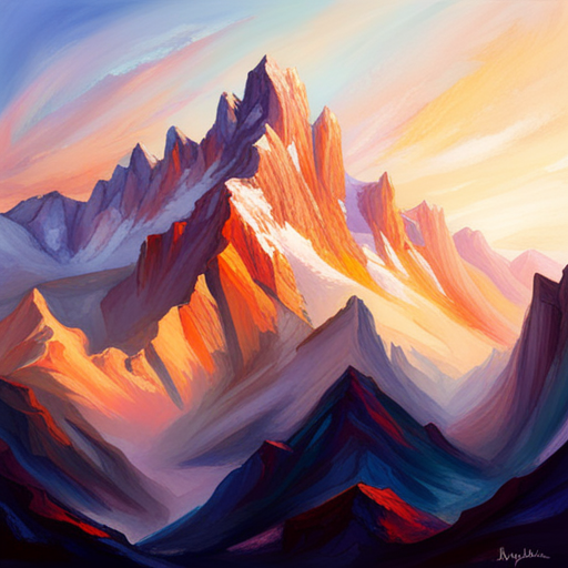 majestic peaks, rugged terrain, panoramic view, surreal colors, dramatic lighting, impressionist brushstrokes, atmospheric perspective, nature's splendor