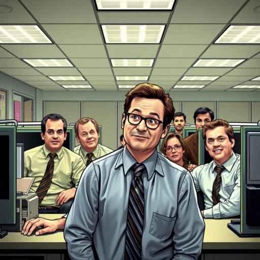 satirical workplace, leadership antics, Steve Carell inspiration, 2000s television, dry humor, awkward dynamics, cultural commentary, office cubicles, small town America, improvisational acting, mockumentary style, exaggerated expressions, character-driven narrative, mundane to absurd, slice of life, vivid characterization, dynamic interactions, ensemble cast, quirky individuality, relatable humor, meta-narrative elements, flawed hero
