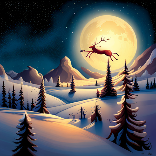 reindeer, Santa Claus, delivering presents, magical, winter wonderland, whimsical, holiday spirit, sleigh, flying, snowy landscape, starry night, festive atmosphere, joyful, celebration, mythical creatures, gift-giving, Christmas, enchanting, fairytale, dreamlike, mystical, fantasy fantasy-art