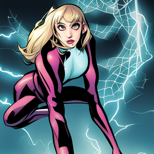 Gwen Stacy, Ghost-Spider, Spider-Gwen, Marvel, superhero, comic book, digital art, vibrant colors, dynamic poses, web-slinging, action-packed, alternate universe, teenage, street art, graffiti, mask, hood, parallel dimensions, New York City, Spider-Verse, spider powers, Peter Parker, heartbreak, multi-dimensional travel, spider-sense