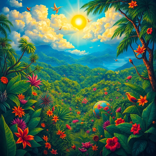 vivid rainforests, carnival atmosphere, vibrant colors, intricate details, lush foliage, rich cultural heritage, magical realism, Brazilian landscape, surreal clouds, tropical wildlife, Henri Rousseau influence, rhythmic movement, radiant sunlight, festive mood, intricate patterns, exotic birds, mythical elements, celebratory spirit, tropical flora, samba rhythm, enchanting scenery