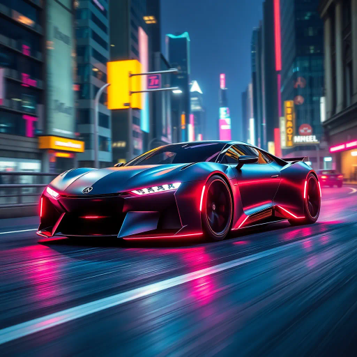 futuristic car design, sleek lines, chrome finish, vibrant neon highlights, dramatic lighting, dynamic movement, aerodynamic shape, retro-futurism, precision engineering, urban environment, concept art, high-tech materials, hyper-realistic detailing, modern aesthetics, speed and agility, metallic textures, ambient atmosphere, avant-garde composition, illuminated cityscape, art deco influences