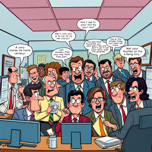 satirical workplace comedy, surreal humor, ensemble cast, bureaucratic chaos, 21st century pop culture, vibrant color palette, exaggerated expressions, dynamic panels, Roy Lichtenstein influences, witty dialogue, mundane office setting, everyday absurdities, overlapping story arcs, exaggerated caricatures, visual puns, contemporary Americana, awkward social interactions, humorous banter, slapstick elements, narrative vignettes, satirical undertones