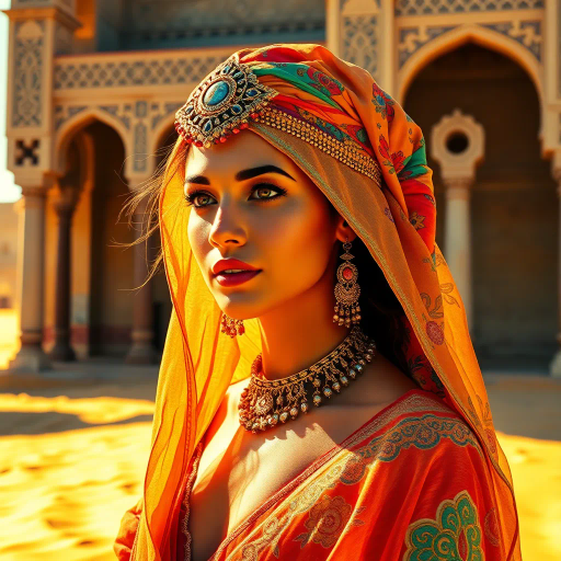 Arabian beauty, vibrant colors, flowing garments, intricate designs, warm lighting, exotic elegance, Henri Matisse influences, rich textures, cultural fusion, contemporary elements, radiant atmosphere, captivating gaze, dynamic movement, ornate patterns, harmonious balance, desert essence, vibrant allure, ethereal quality, sophisticated charm