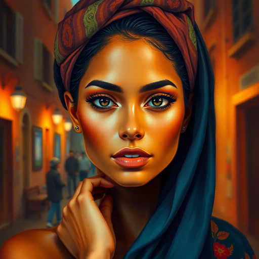 Latino woman, captivating, allure, Diego Rivera, contemporary elegance, chiaroscuro lighting, dynamic composition, vibrant colors, smooth textures, oil painting technique, cultural richness, expressive mood, three-quarter view, flowing movement, rich heritage, intimate scale, natural materials, focused framing, organic shapes, delicate line quality, symbolic expression, spacious setting, modern time period, intricate detail, artistic synthesis, intentional presentation