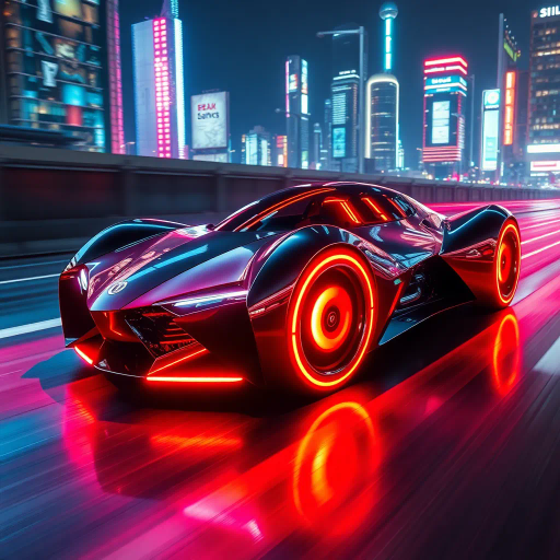 futuristic car design, sleek lines, chrome finish, vibrant neon highlights, dramatic lighting, dynamic movement, aerodynamic shape, retro-futurism, precision engineering, urban environment, concept art, high-tech materials, hyper-realistic detailing, modern aesthetics, speed and agility, metallic textures, ambient atmosphere, avant-garde composition, illuminated cityscape, art deco influences