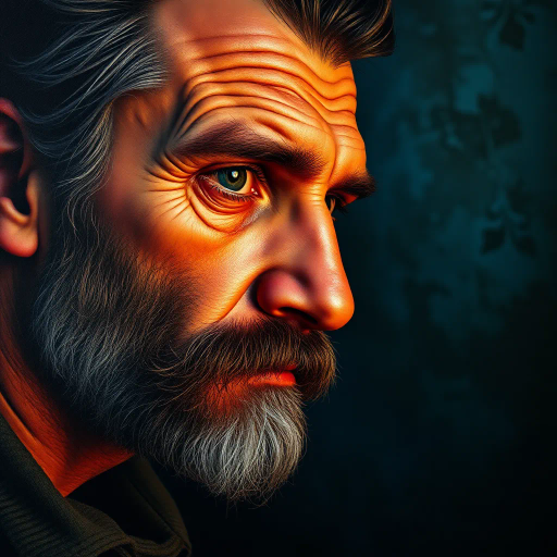 hyper-realism, detailed composition, striking color contrast, chiaroscuro lighting, natural textures, lifelike representation, vibrant hues, rich tone palette, intricate details, realism techniques, visual storytelling, emotional depth, dynamic perspective, human elements, precise framing, depth of field, Van Gogh influences, luminescent highlights, 21st century, authenticity, timeless elegance, evocative expression, sculptural forms, serene mood, complex narratives, visual poetry