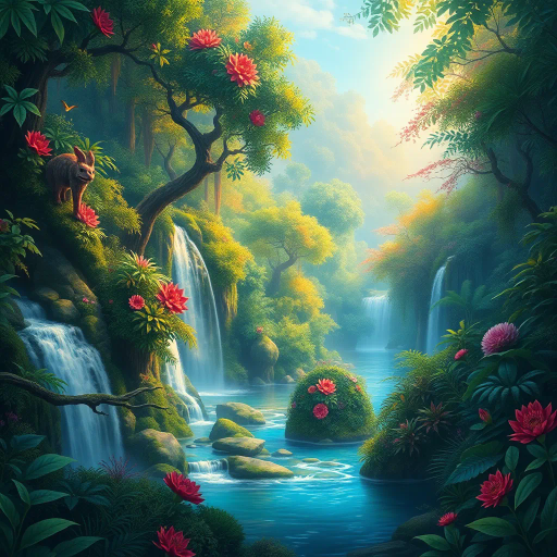 verdant landscapes, surreal ecosystems, vibrant flora, cascading waterfalls, mystical forests, ethereal creatures, afternoon sunlight, impressionist brushstrokes, mythical ambiance, Arthur Rackham influence, soft pastels, enchanted realism, intricate foliage patterns, magical realism, harmonious balance, tranquility, lush greenery, dreamlike quality, natural harmony, eco-fantasy narrative