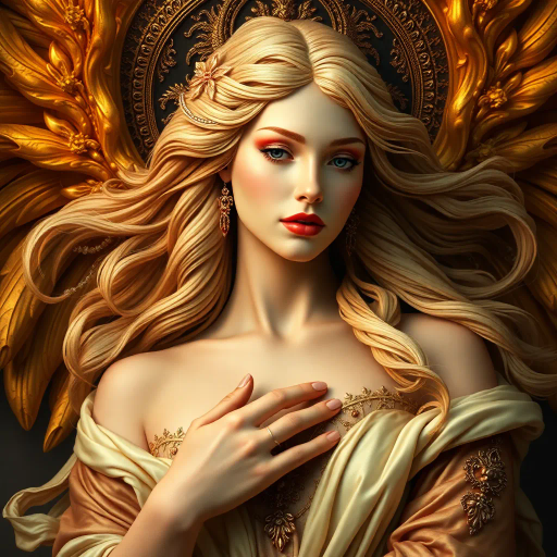 mythical goddess, ethereal beauty, Baroque influence, dynamic composition, vivid golds, soft skin textures, romantic lighting, divine femininity, voluptuous forms, opulent garments, surreal landscapes, luminescent aura, celestial themes, hyper-realistic details, delicate contrasts, elegant poise, Michelangelo inspiration, flowing hair, Renaissance echoes, emotional depth