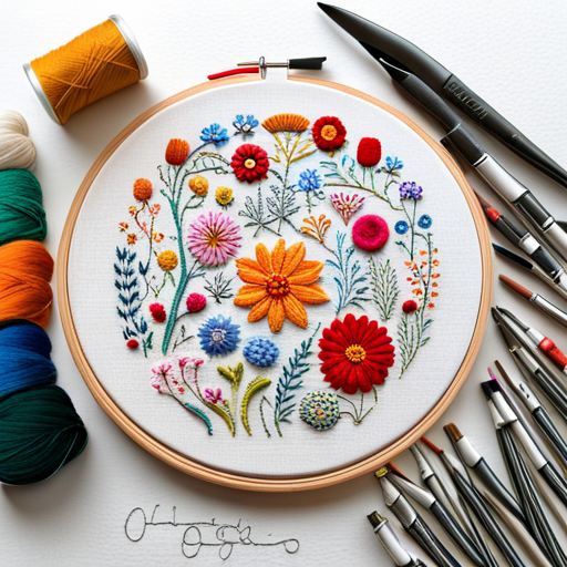 embroidery, pattern, wildflower, meadow, cross-stitch, delicate, intricate, floral, threadwork, handcrafted, textile, vintage, botanical, natural, plant, field, nature-inspired, stitched, needlework, colorful, traditional, handmade, stitches, craft, meandering, springs, blossoms