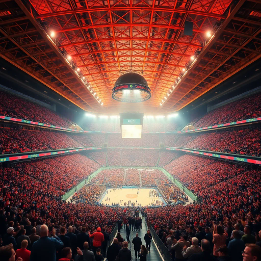 majestic, football stadium, panoramic view, vibrant energy, modern architecture, vast crowd, immersive atmosphere, dynamic lighting, vivid colors, iconic sports venue, dramatic sky, high-detailed textures, lively movement, cultural spectacle, wide-angle perspective, epic scale, contemporary design, exhilarating moment, sporting tradition, architectural grandeur