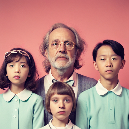 quaint, color palette, symmetrical, whimsical, whimsy, 60s, 70s, vintage, retro, nostalgia, Wes Anderson, The Royal Tenenbaums, The Life Aquatic with Steve Zissou, Fantastic Mr. Fox, Moonrise Kingdom, Grand Budapest Hotel, quirky, eccentric characters, visual storytelling, limited color palette, pastels, bright colors, tracking shots, overhead shots, geometric compositions, warm tones, vintage props, textured surfaces, dollhouse-inspired sets, surreal landscapes, quirky props, film grain, vintage camera effects