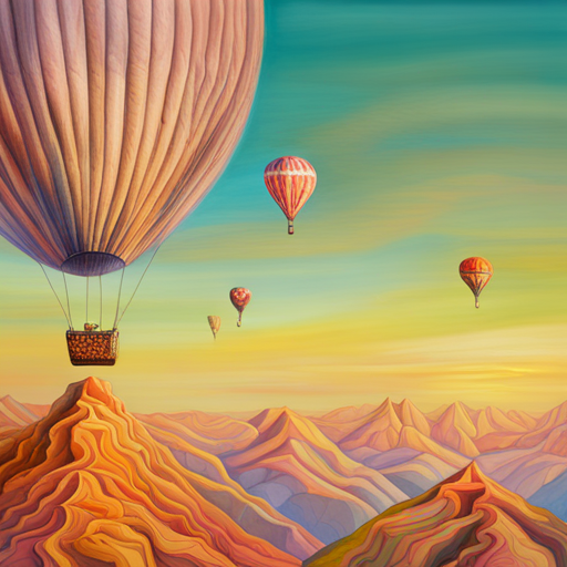 vibrant colors, large scale, dreamlike landscape, whimsical hot air balloon, surreal atmosphere, fantasy elements, imaginative composition, ethereal lighting, fantastical perspective, magical realism, floating sensation, colorful palette, otherworldly adventure