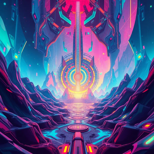 futuristic landscapes, geometric shapes, vibrant hues, atmospheric lighting, dynamic symmetry, surrealism, vivid imagination, abstract patterns, digital illustration, bold colors, sci-fi influences, intricate details, depth of field, conceptual composition, innovative aesthetics, immersive environment, visionary architecture, dramatic light play, 21st-century futurism, ethereal ambiance