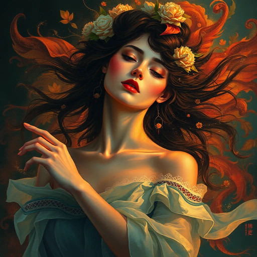 ethereal woman, renaissance lighting, dramatic contrasts, vibrant hues, delicate textures, impressionist influences, emotionally evocative, modern twist, surrealism undertones, dynamic composition, fluid movement, Baroque era inspiration, intricate details, fantastical elements, cultural richness, harmonious balance, mythical aura, expressive gesture, lively ambiance, magical realism, soft brushstrokes, timeless beauty