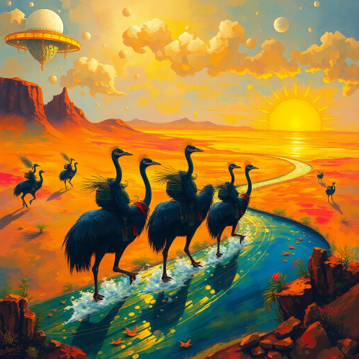 mystical oasis, arid desert landscape, exotic cassowary riders, vibrant colors, dynamic movement, golden sunlight, surrealism, Salvador Dalí, imaginative landscapes, immersive composition, vivid contrast, shimmering water, expressive brushwork, mythical journey, cultural symbolism, vivid textures, ethereal atmosphere, dreamlike scenery, intricate details, adventurous spirit, unexpected pairings, otherworldly environment, harmonious balance, expansive vistas