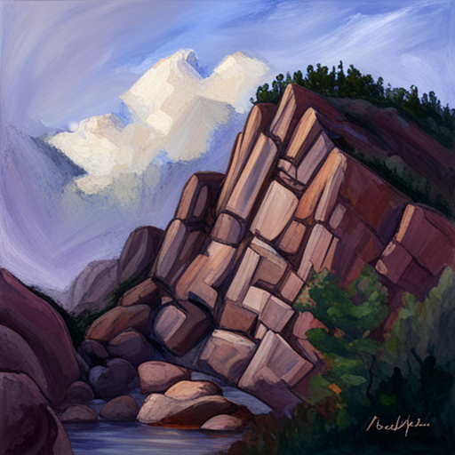 majestic peaks, rugged terrain, atmospheric perspective, muted colors, Impressionism, Hudson River School, light and shadow, texture, acrylic paint, naturalism, serenity, grandeur, scale, plein air, rocky outcroppings, dramatic sky, asymmetry, depth, soft brushstrokes, tranquility, pixel art, atmospheric lighting