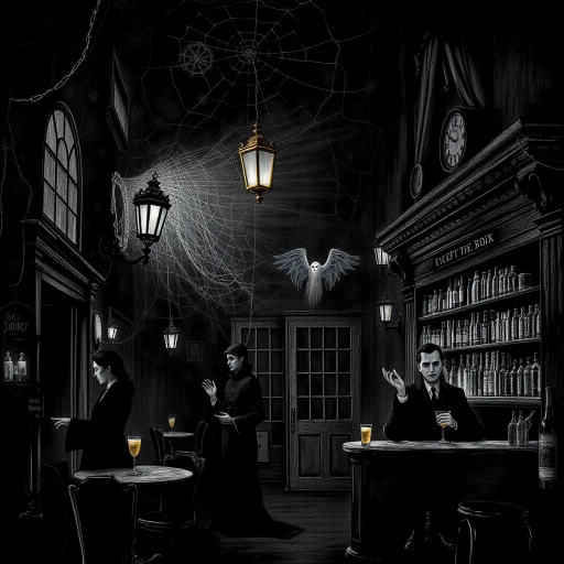 haunted tavern, eerie atmosphere, Gothic architecture, translucent specters, dim candlelight, John Atkinson Grimshaw influence, Victorian era, shadowy corners, spectral patrons, mystical glow, cobweb-laden rafters, misty ambiance, chiaroscuro contrasts, haunted past, ghostly whispers, weathered wood textures, melancholic mood, surreal distortions, evocative storytelling, vintage charm, chilling presence