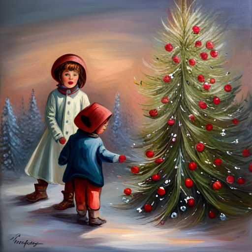 vintage oil, impersonalism, Winter Children, Christmas Tree, painting, nostalgic, old-fashioned, classical, Impressionism, brushstrokes, muted colors, snowy landscape, seasonal, traditional, festive, innocence, joyful, family, holiday, heartwarming, soft light, serene, peaceful, delicate, detailed, realism