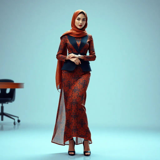 elegant Arab woman, contemporary fashion, hijab, professional attire, modern workplace, high heels, Middle Eastern influence, vibrant colors, soft ambient lighting, dynamic posing, cultural expression, delicate textiles, confident and empowering presence, sophisticated grace, diverse cultural representation, fusion of modern and traditional elements, cultural fusion, empowerment and poise, Impressionism influences, Gustav Klimt inspiration, Art Nouveau elegance, intricate patterns, intricate detailing, vibrant color palette, symbolic attire, office environment, balance and harmony, dynamic composition, surreal lighting, cultural narrative, refined textures, bold symbolism, artistic influences, multicultural dialogue, striking balance, expressive realism, innovative representation, unique fashion, delicate balance, harmonious color palette