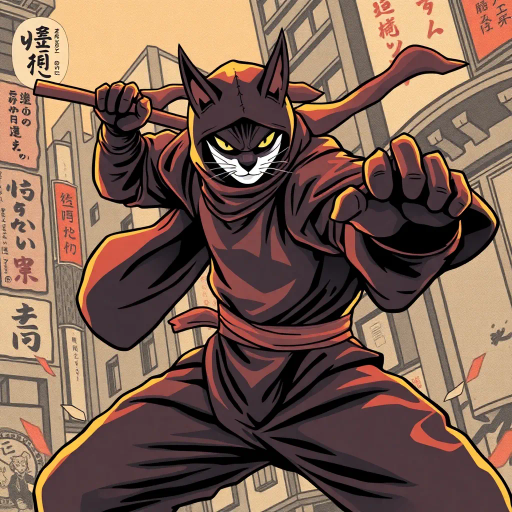 mystical ninja, agile feline, dynamic motion, fluid lines, vibrant colors, stealthy figure, dramatic lighting, Japanese influence, graphic novel, bold contours, kinetic energy, shadow play, martial arts, Ukiyo-e inspiration, urban backdrop, heroic pose, imaginative storytelling, intense expression, cultural mythology, comic strip style