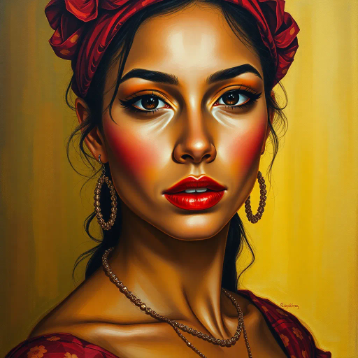 Latino woman, captivating, allure, Diego Rivera, contemporary elegance, chiaroscuro lighting, dynamic composition, vibrant colors, smooth textures, oil painting technique, cultural richness, expressive mood, three-quarter view, flowing movement, rich heritage, intimate scale, natural materials, focused framing, organic shapes, delicate line quality, symbolic expression, spacious setting, modern time period, intricate detail, artistic synthesis, intentional presentation