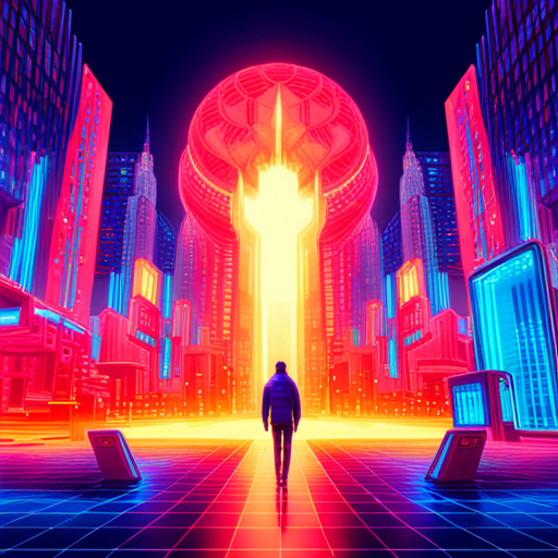 psychedelic colors, futuristic neon lights, megastructures, retrofuturism, cyberpunk, arcade machines, generation, chaos, digital sparks, rhythmical patterns