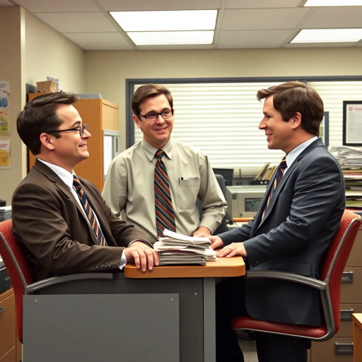 satirical, workplace comedy, 2000s television, vibrant characters, humorous interactions, Michael Scott, Jim Halpert, Dwight Schrute, sardonic wit, office dynamics, banter, mundane setting, Scranton, paper company, unconventional storytelling, ensemble cast, mockumentary style, Steve Carell, quirky relationships, deadpan humor, varied personalities, narrative arcs, expressive body language, exaggerated emotions, bright lighting, cheerful ambiance, subtle social commentary, scenographic composition