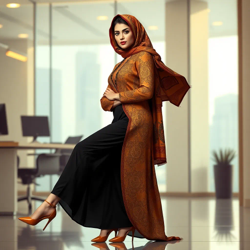 elegant Arab woman, contemporary fashion, hijab, professional attire, modern workplace, high heels, Middle Eastern influence, vibrant colors, soft ambient lighting, dynamic posing, cultural expression, delicate textiles, confident and empowering presence, sophisticated grace, diverse cultural representation, fusion of modern and traditional elements, cultural fusion, empowerment and poise, Impressionism influences, Gustav Klimt inspiration, Art Nouveau elegance, intricate patterns, intricate detailing, vibrant color palette, symbolic attire, office environment, balance and harmony, dynamic composition, surreal lighting, cultural narrative, refined textures, bold symbolism, artistic influences, multicultural dialogue, striking balance, expressive realism, innovative representation, unique fashion, delicate balance, harmonious color palette