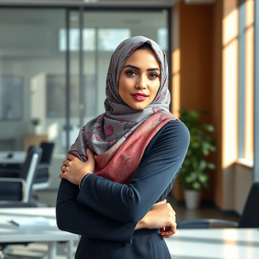 Arab woman, elegant hijab, professional setting, modern workplace, high heels, Middle Eastern culture, contemporary art, intricate patterns, vibrant colors, soft lighting, dynamic pose, cultural expression, delicate fabrics, office environment, confident demeanor, sophisticated fashion, grace and poise, diverse representation, cultural fusion, empowerment, modernism, Impressionism influences, human form, balance and harmony, Henri Matisse, modern elegance, intricate textile patterns, vibrant aesthetic, global influence, artistic expression, dignity and strength, atmospheric composition, elegant lines, harmonious palette, seamless integration, modern artistry