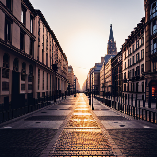 early morning light, peaceful scenery, vibrant colors, urban landscapes, architectural elements, shadows and highlights, serenity, sunlight filtering through trees, quaint cafes, bustling restaurants, people walking, evening ambiance, streetlights, cityscape, charming buildings