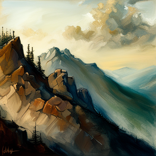 majestic peaks, rugged terrain, atmospheric perspective, muted colors, Impressionism, Hudson River School, light and shadow, texture, acrylic paint, naturalism, serenity, grandeur, scale, plein air, rocky outcroppings, dramatic sky, asymmetry, depth, soft brushstrokes, tranquility