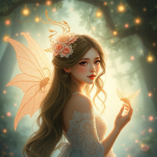 innocent young maiden, charming elegance, ethereal glow, inspired by Yoshitaka Amano, whimsical fantasy, serene ambiance, soft pastel hues, delicate brushwork, intricate lace textures, dreamlike scene, luminous lighting, gentle perspective, emotional warmth, magical atmosphere, fairy tale influences, graceful pose, art nouveau curves, enchanting forest backdrop, mythical creatures, serene expression