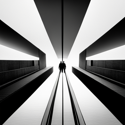 Minimalism, geometric shapes, symbolism, balance, negative space, monochromatic, contrast, symmetry, simplicity