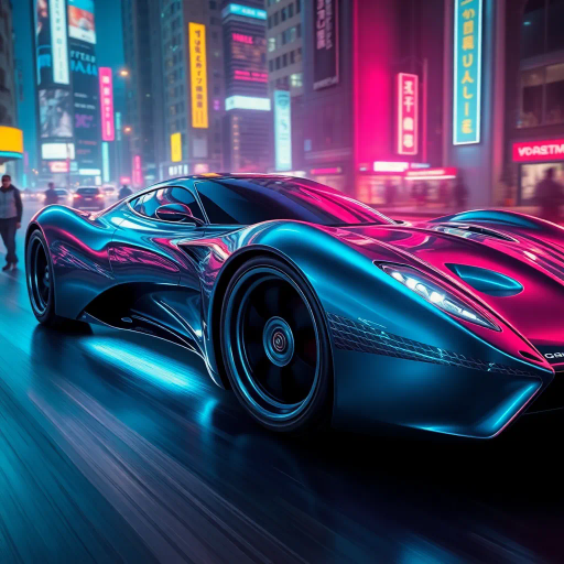 futuristic car design, sleek lines, chrome finish, vibrant neon highlights, dramatic lighting, dynamic movement, aerodynamic shape, retro-futurism, precision engineering, urban environment, concept art, high-tech materials, hyper-realistic detailing, modern aesthetics, speed and agility, metallic textures, ambient atmosphere, avant-garde composition, illuminated cityscape, art deco influences